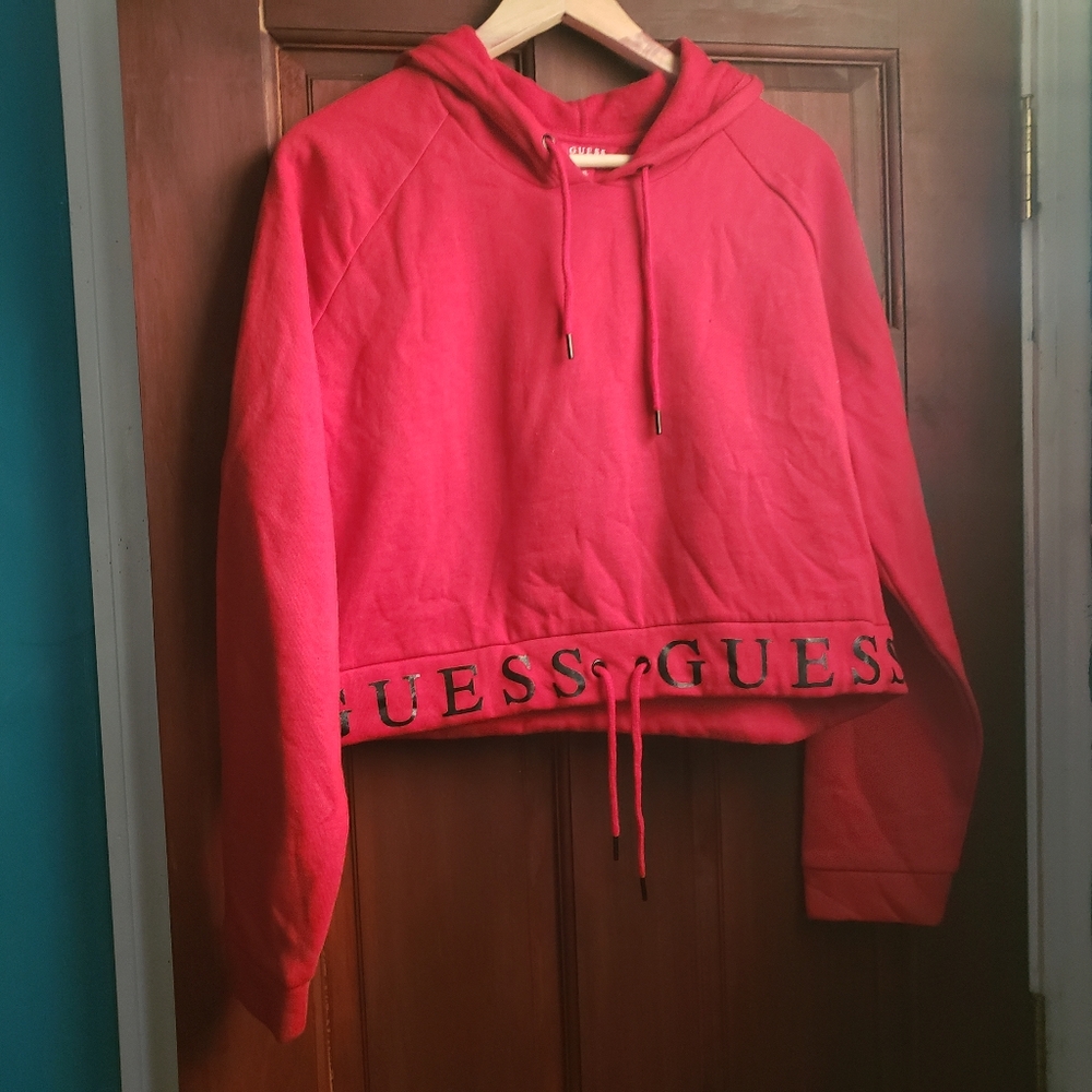 Guess Cherry Red Cropped Hoodie, Size XL